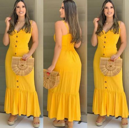 Vestido Longo Casual Festa Babado Com Botões amarelo - Bella Donna