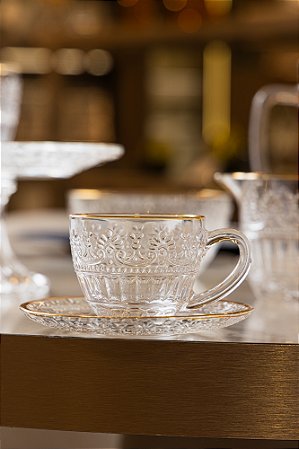 Conjunto 4 Xícaras de Café com Pires Mauve com Fio de Ouro 90ml Cristal - Wolff