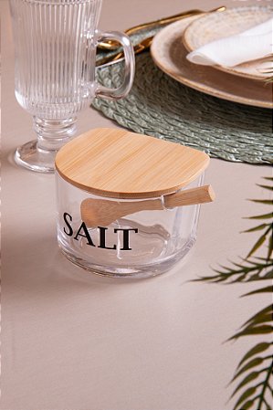 Saleiro de Vidro com Colher e Tampa de Bambu Basic 10cm x 10cm x 8cm - Wolff