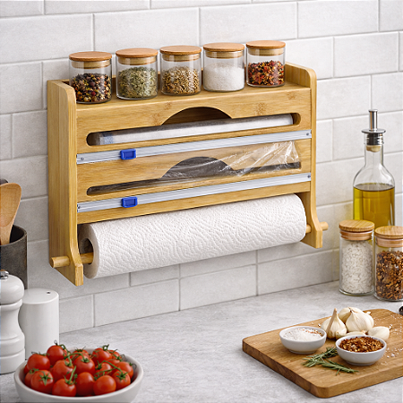 Organizador Cozinha 4 Em 1 Porta Papel Toalha Alumínio Filme Pvc Temperos Bambu