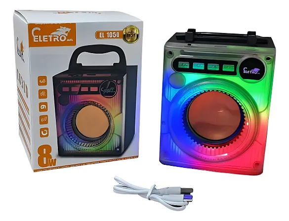 CAIXA DE SOM ELETROMEX 8W LED RGB COLORIDO EL-1054