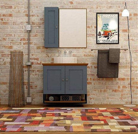Gabinete Banheiro Nordic Petroleo 80cm Completo Mazzu