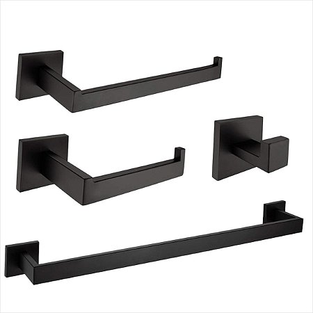 Kit Banheiro Acessórios Quadrado Inox 4 Peças - Preto