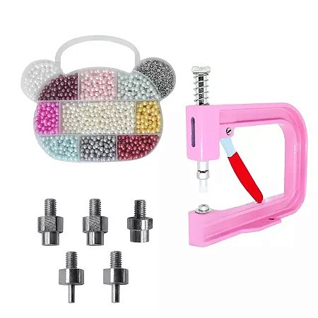 Kit Aplicador De Pérola Com Matrizes + 1100 Pérolas Completas 6mm Em 10 Cores Com Rebites