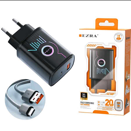 Fonte de carregador Celular 20w Turbo USB A+USB C (Tipo C) Preto