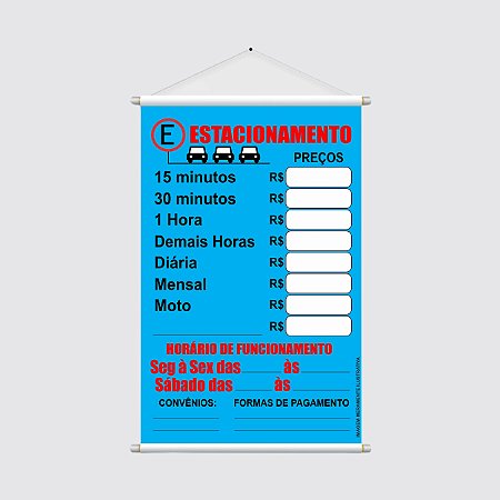 Banner Tabela de Preços e Horário de Funcionamento para Estacionamento - 40x60cm