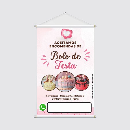 Banner Placa "Aceitamos Encomendas de Bolo de Festa" - 40x60cm para Eventos e Contato WhatsApp