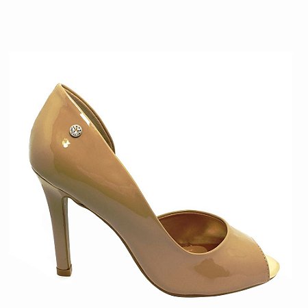 Peep Toe Le Bianco Manchester Salto Alto Fino Nude em Verniz