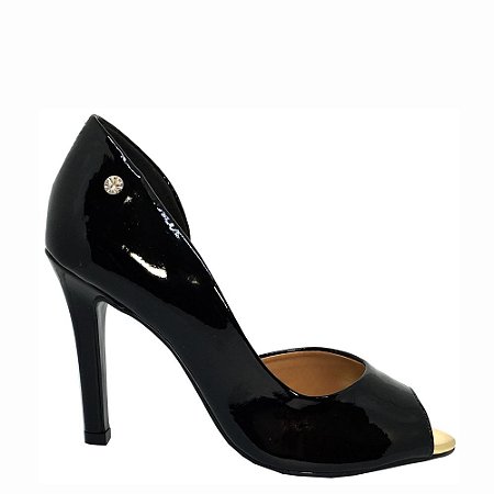 Peep Toe Le Bianco Manchester Salto Alto Fino Preto em Verniz