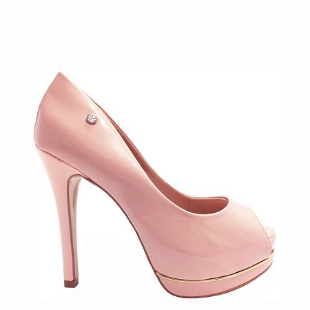 Peep Toe Le Bianco Torquay Salto Fino Rosa Quartzo em Verniz Meia Pata