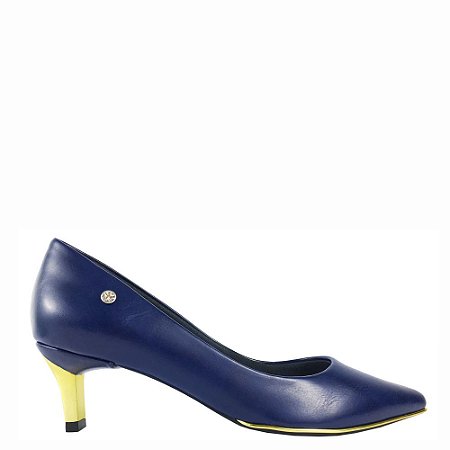 Scarpin Le Bianco Vernazza Salto Baixo Fino Dourado Bico Fino Azul Marinho em Calf