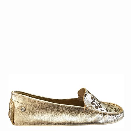 Mocassim Feminino Le Bianco Austin Flower Dourado em Couro Legítimo