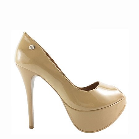 Peep Toe Le Bianco Bristol Salto Alto Nude em Verniz Meia Pata Externa