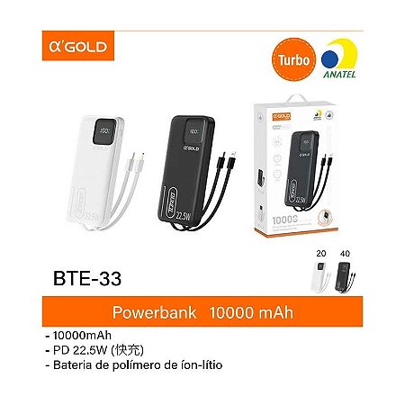 Power Bank 10000Mah Turbo 22.5W 3 Saída Usb + Tipo C C/ Visor E Cabos Tipo C + Iphone A'Gold Bte-33