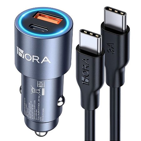 Kit Fonte De Carro + Cabo Tipo C 38W Pd 20W Qc 3.0 18W