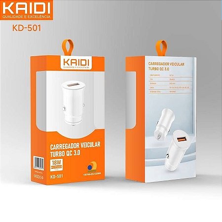Fonte Carregador Turbo Para Carro Qualcom 3.0 18W Kaidi Kd-501