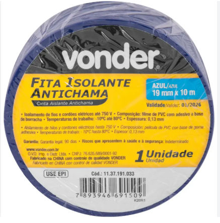 FITA ISOLANTE 19mm X 10M AZUL - Vonder