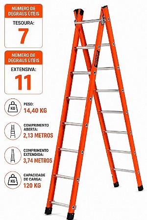 Escada de Fibra de Vidro 7 Degraus Extensível e Tesoura 2.2 x 3.74m - SÍNTESE