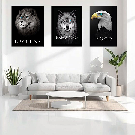 Kit 3 Quadros Decorativos Disciplina Execução e Foco