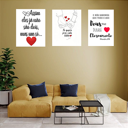 Conjunto de 3 Quadros Decorativos Amor Eterno