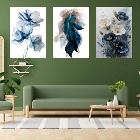 Conjunto de 3 Quadros Decorativos Flores e Penas Azuis