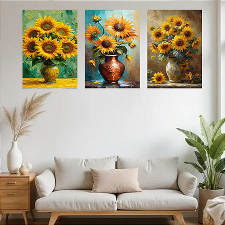 Conjunto de 3 Quadros Decorativos Girassol Amarelo