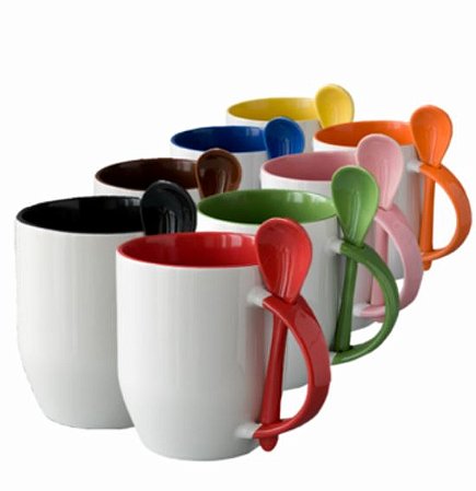Caneca 325 ml Cerâmica com Colher Colorida Interna e Alça