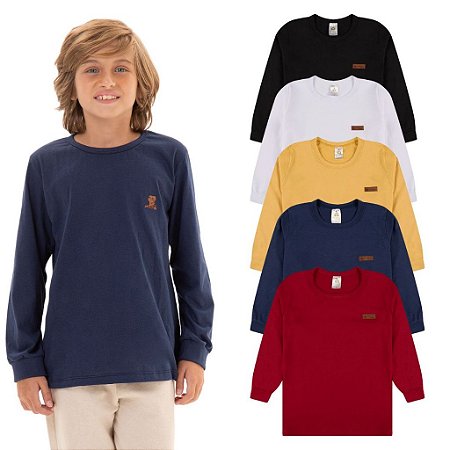 Kit 3 Camiseta Manga Longa Infantil Menino Básica Lisa Tamanho 2 ao 10