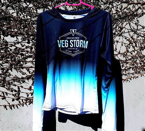 Camiseta manga longa corta vento Vegstorm dry fit preta com azul