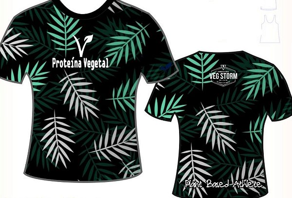 Camiseta unissex proteína vegetal preta folhas Vegan Life Style 2020