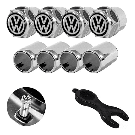 Tampa Bico de Válvula Antifurto Volkswagen VW Cromada com Chave | Kit 4 Unidades