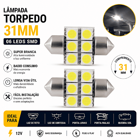 Lâmpada Torpedo LED 31mm com 06 LEDs SMD Super Branca - PAR