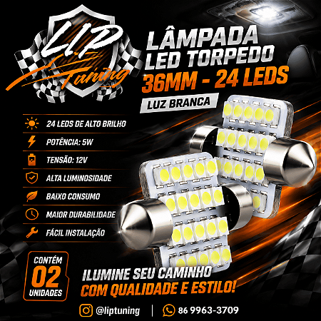 Lâmpada LED Torpedo 36mm 24 LEDs Branca 12V – Kit com 2 Unidades