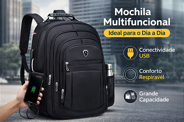 Mochila Grande Reforçada USB e Fone P2 Preto