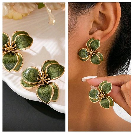 Brinco Lucila Flor Elegante Verde Dourado