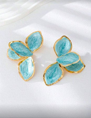 Brinco Pétala Tulipa Esmaltada Elegante Azul