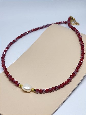 Colar Miçangas Vermelhas com Pérola