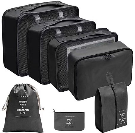 Kit Organizador de Mala 7 Peças Premium com Bolsa para Sapatos e Saco com Cordão