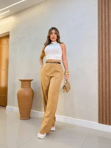 Calça Feminina Casual Elegante Bege