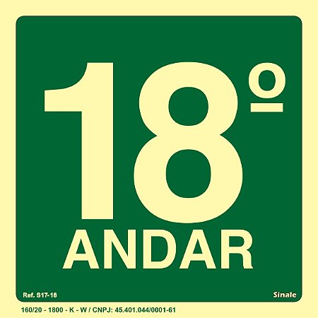 Placa de sinalização Fotoluminescente S17 Pavimento 18º Andar