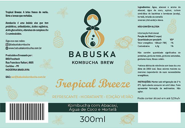 Tropical Breeze Kombucha com Abacaxi, Água de Coco e Hortelã