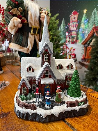 IGREJA ILUMINADA - 31CM - MOVIMENTO - MUSICA - BATERIA