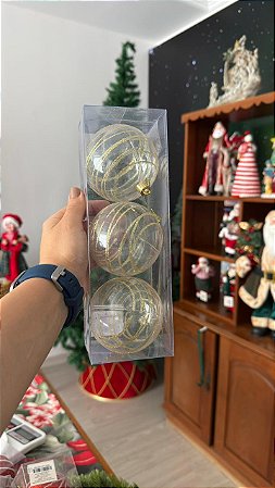 KIT BOLA NATALINA - DECORADA - 8CM - 3 UNIDADES - DOURADO