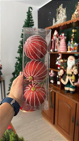 KIT BOLA NATALINA DECORADA - 8CM - 3 UNIDADES - VERMELHA