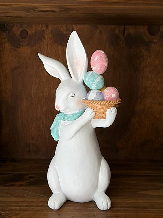 COELHO EM RESINA DECORATIVA BRANCO AZUL 28,3cm