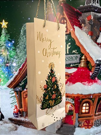 SACOLA BEGE DE PAPEL MERRY CHRISTMAS