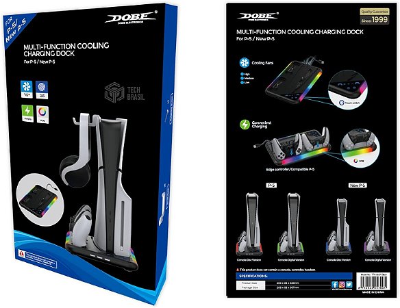 Base LED RGB Multifuncional Para Playstation 5 FAT Slim Suporte Carregador Cooler Preto