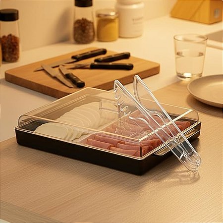 Porta Frios Duplo Com Tampa Resistente Pote Organizador Para Geladeira Com Divisória Bonito E Prático Presunto E Queijo(PORTA FRIOS BRANCO)