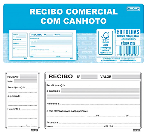 BLOCO RECIBO COMERCIAL C/CANHOTO C/50F