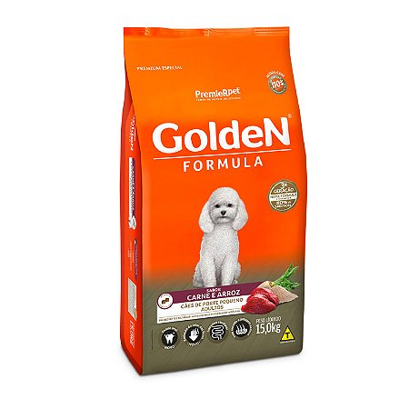 Ração Golden Fórmula Mini Bits Para Cães Adultos de Porte Pequeno Sabor Carne e Arroz 15Kg